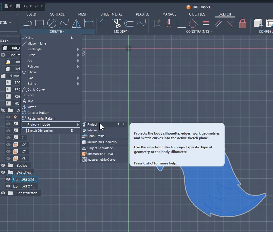 Projecting into offset plane