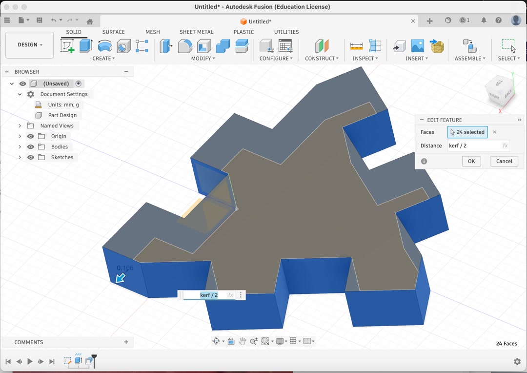 Fusion 360 parametric design with kerf/2 offset applied to joint faces