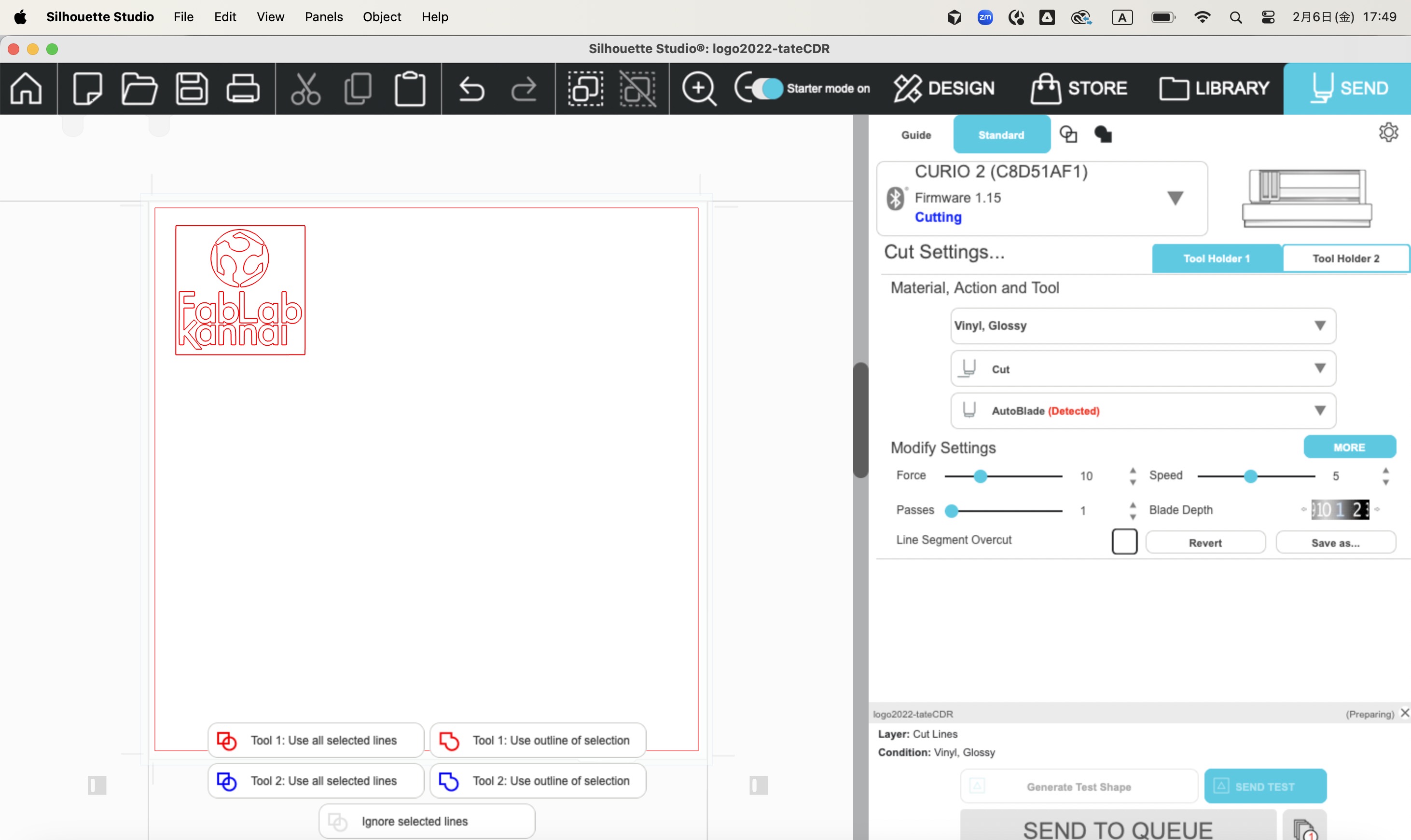 FabLab Kannai logo in Silhouette Studio, ready to send to the Curio 2