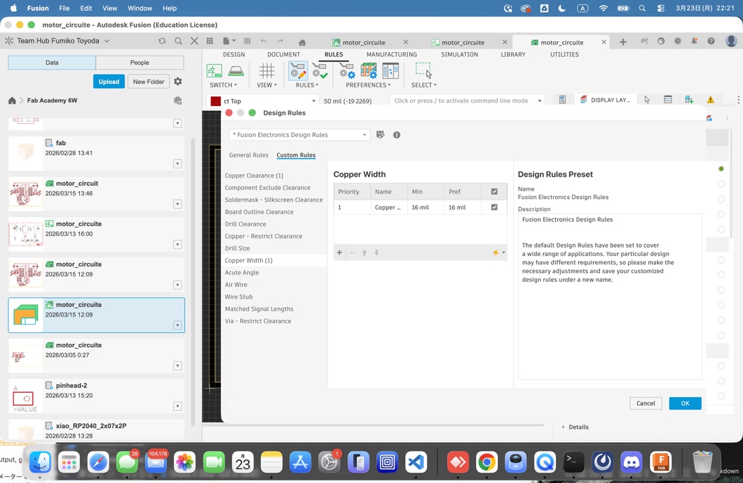 Design Rules dialog with copper width set to 16 mil