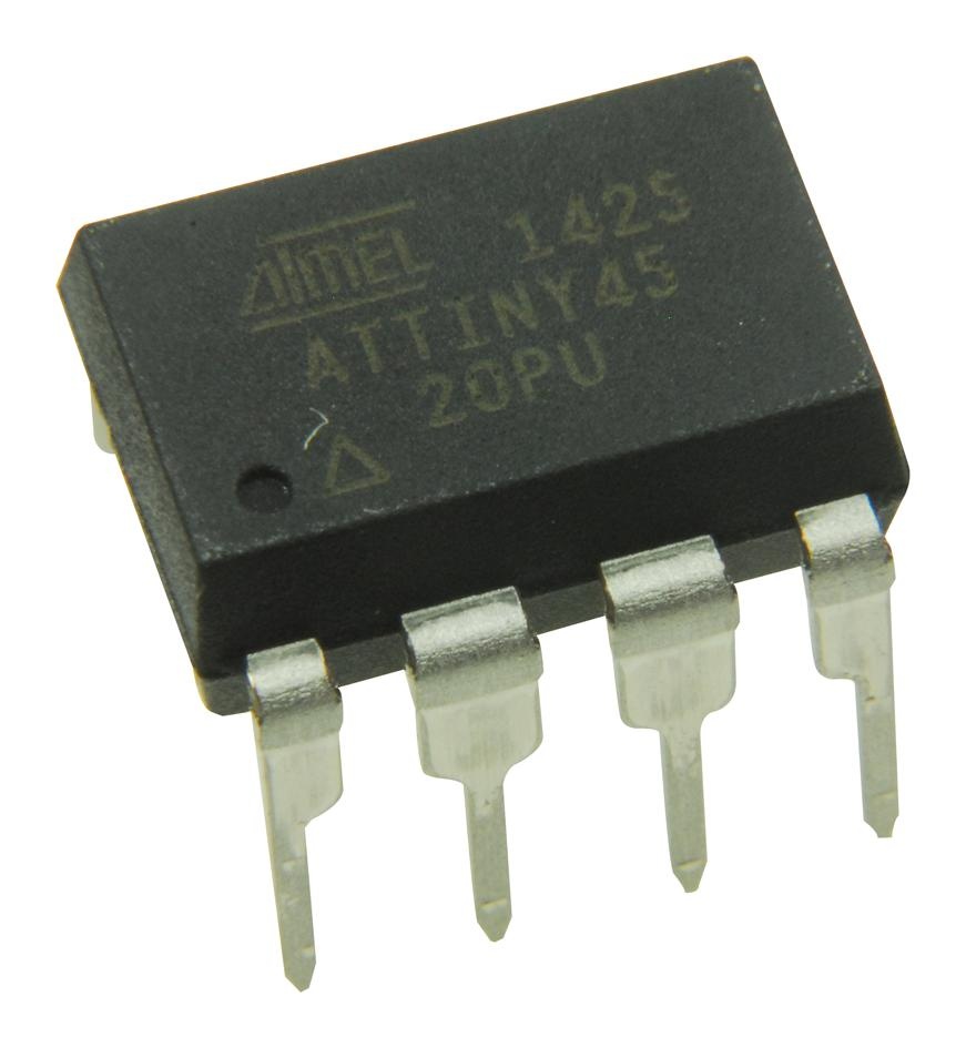 ATtiny45, an RISC-based microcontroller with 4KB Flash Memory, 256 bytes of EEPROM and 256 bytes of SRAM. It comes in a 8-pin SOIC package, where 1 pin is reserved for 5V and another for GND, providing it's user with 6 general purpose input/output lines to program