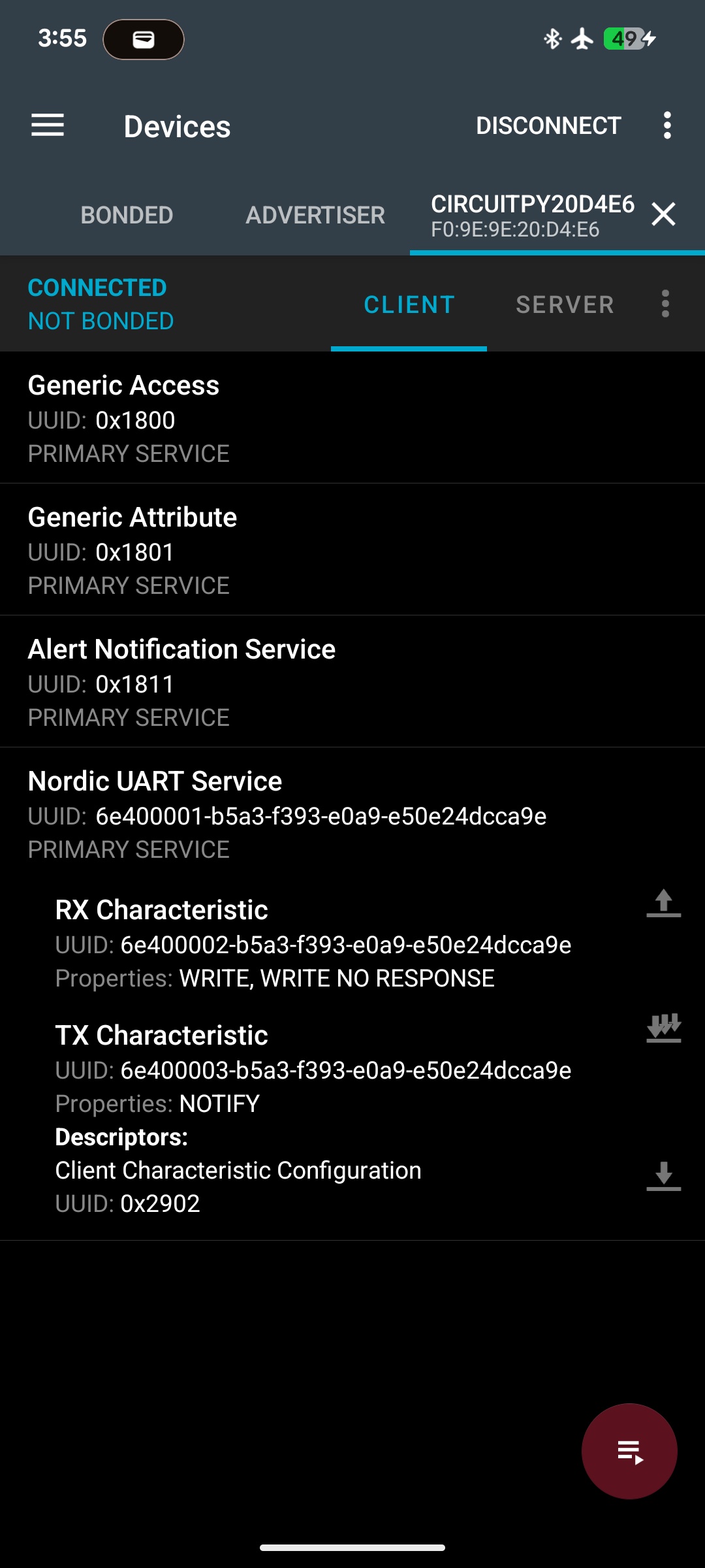 Once paired you can access a simple wireless UART service that allows you to send and receive data from the app. Click on the TX characteristic and you'll be able to see any transmitted data.