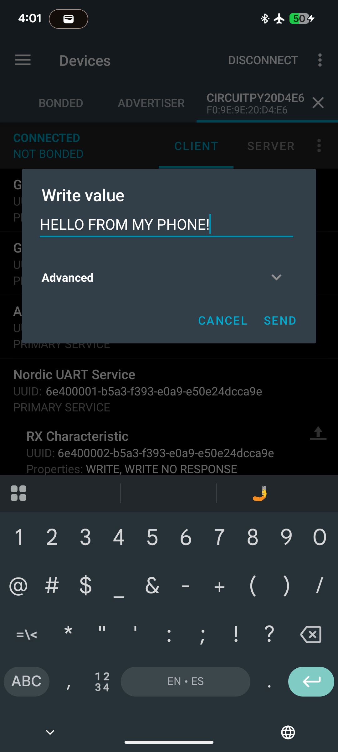 Likewise you can send data through the RX channel here.