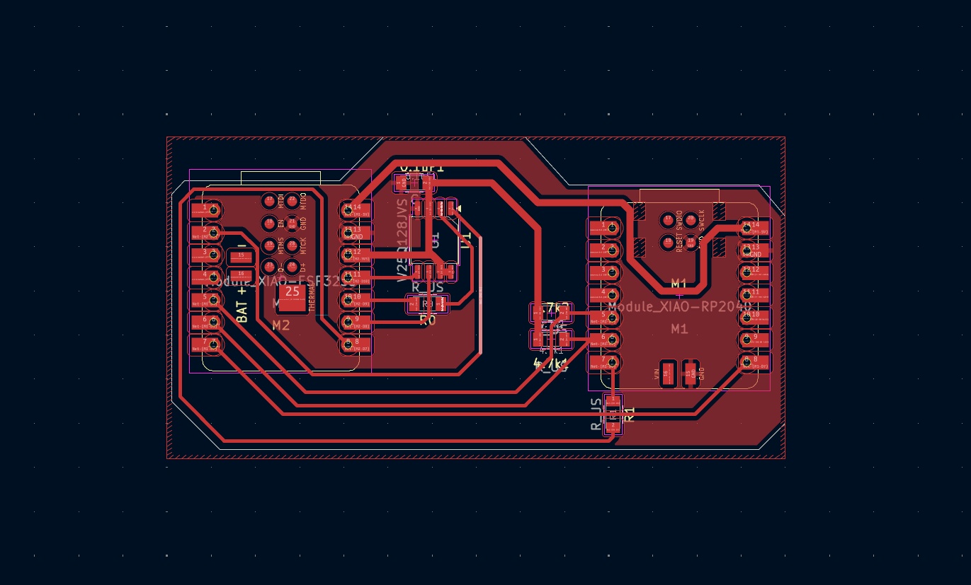 Layout for the board with the flash memory chip in the middle. Tied to the ESP32 side.