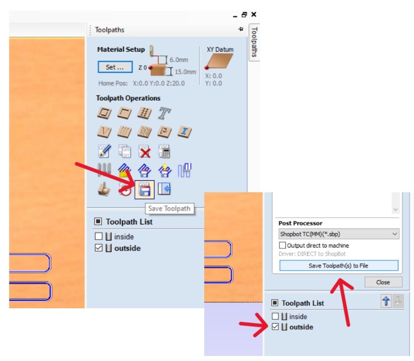 When you've previewed your cuts and you're happy - export your G-Code as a shopbot file (.sbp) and bring it over to your machine!