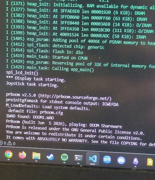 The terminal finally showing a successful boot sequence for DOOM.