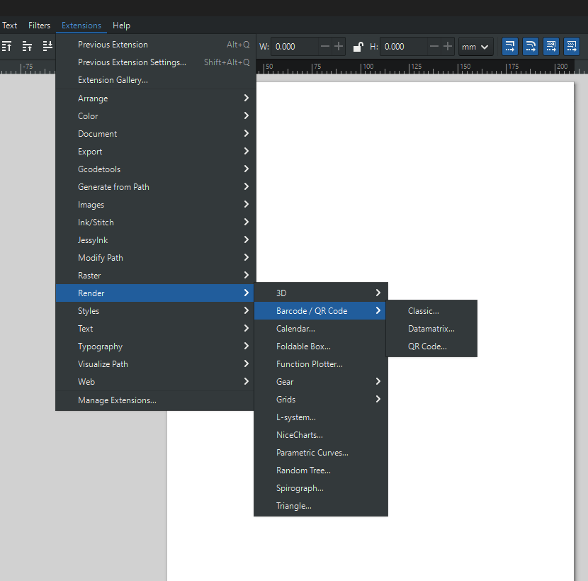 Find it in the Menu Bar > Extensions > Render > Barcode / QR Code > QR Code...