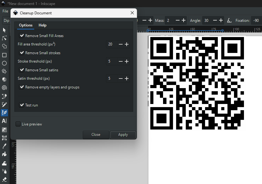 These settings will depend on the version (size) and physical size of your QR code - here I set the parameters to remove any floating single squares which in my case was anything under 20px^2