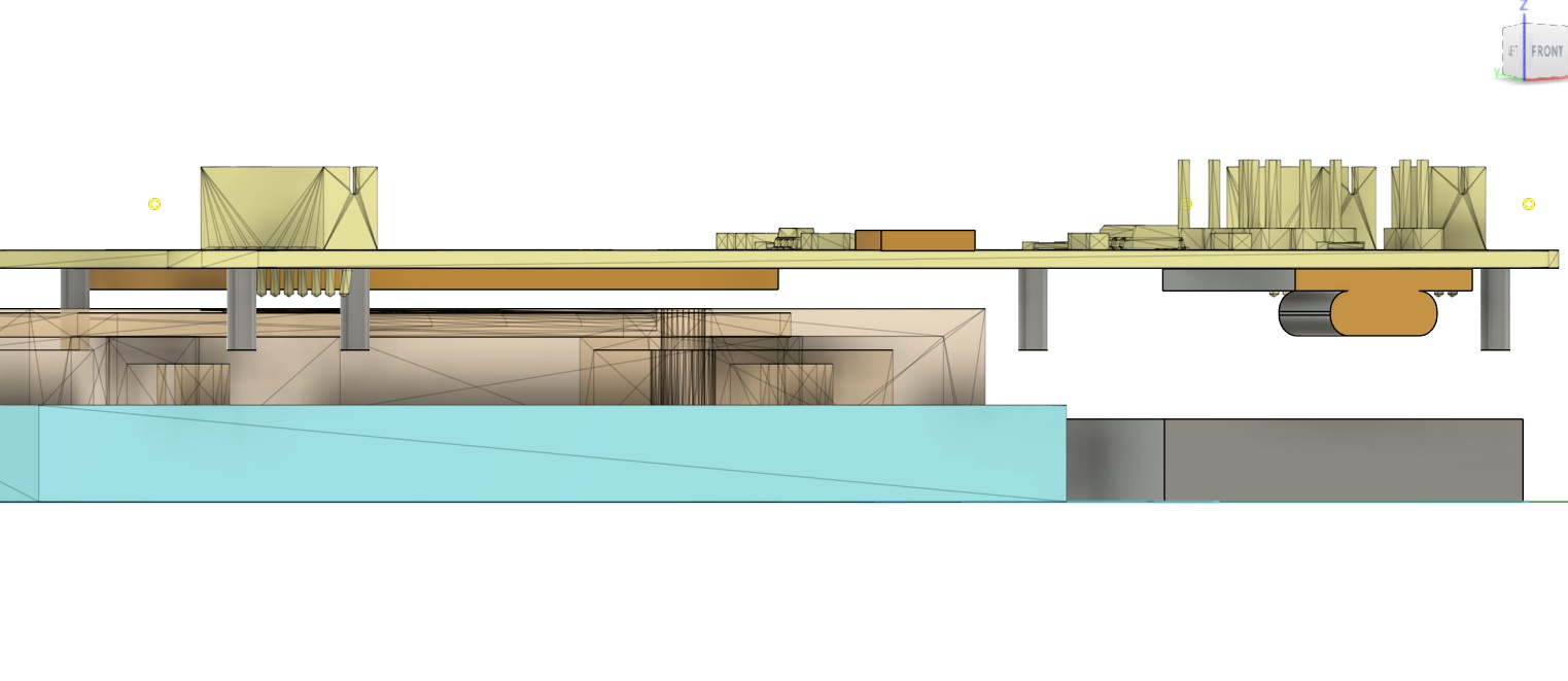 Here's a profile view of the motherboard mounting holes and their theoretical boss locations (long grey cylinders)