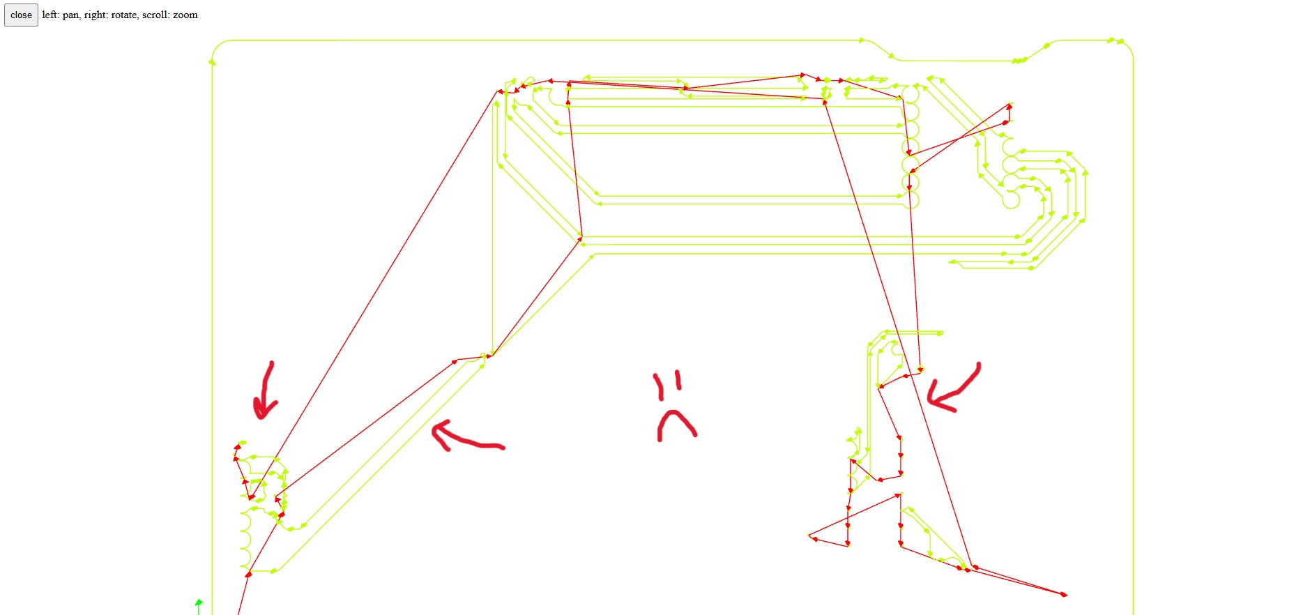 This is the output I get from modsproject when I tell it the truth - I tell it exactly what tools we'll be cutting with - and they match the KiCAD constraints I set earlier - but you'll notice some traces are just incomplete. Only way to get it to work is to lie and tell it my cutting bit is smaller than it actually is.