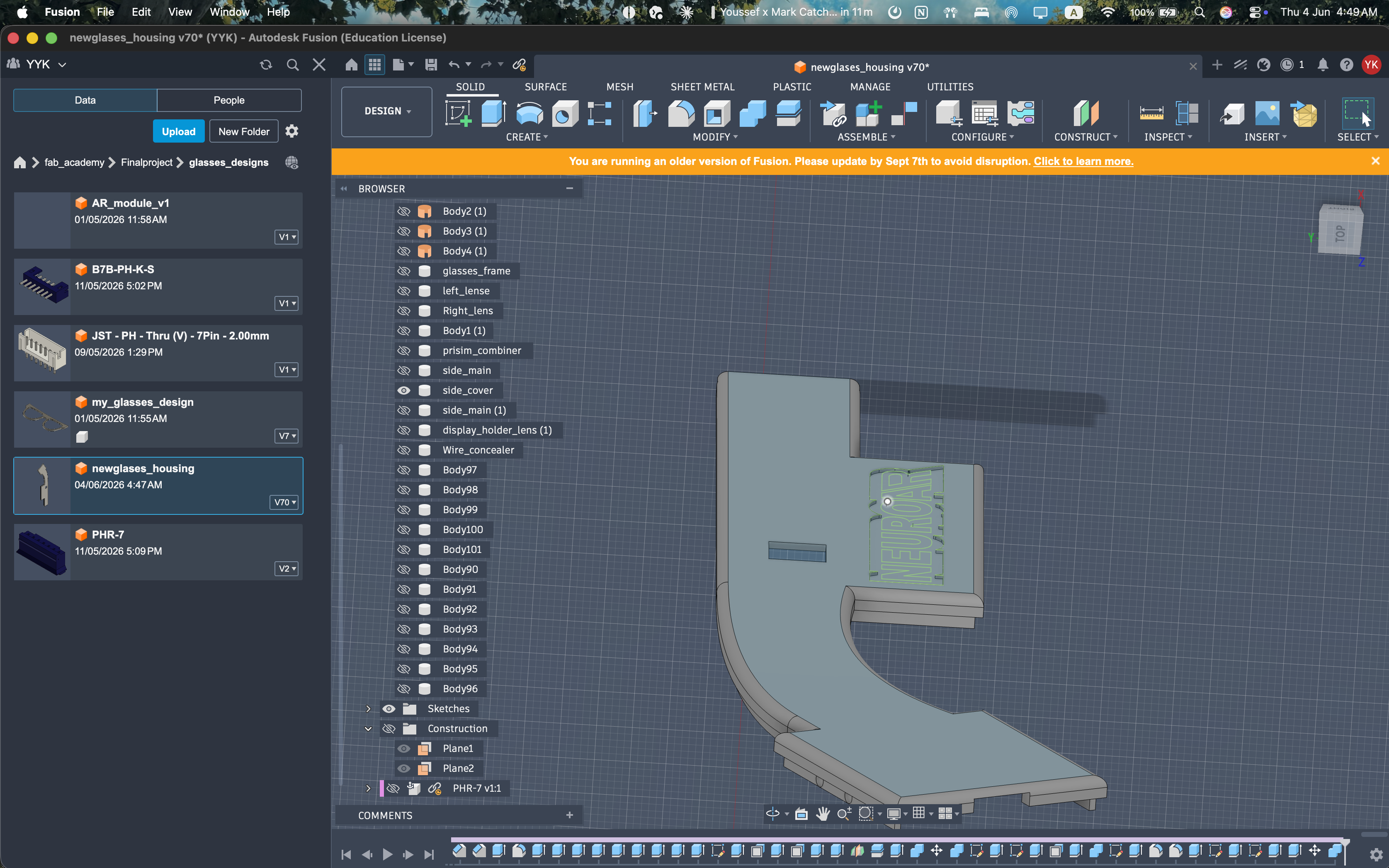 Refined glasses housing in Fusion 360