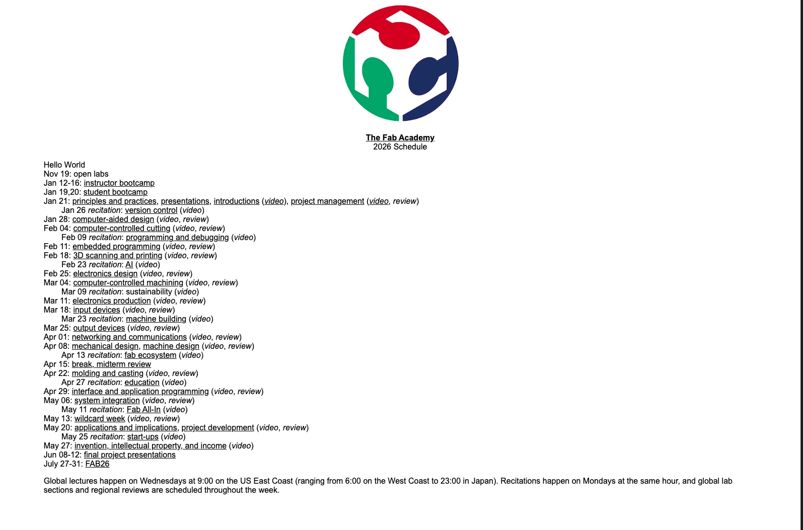 Fab Academy schedule