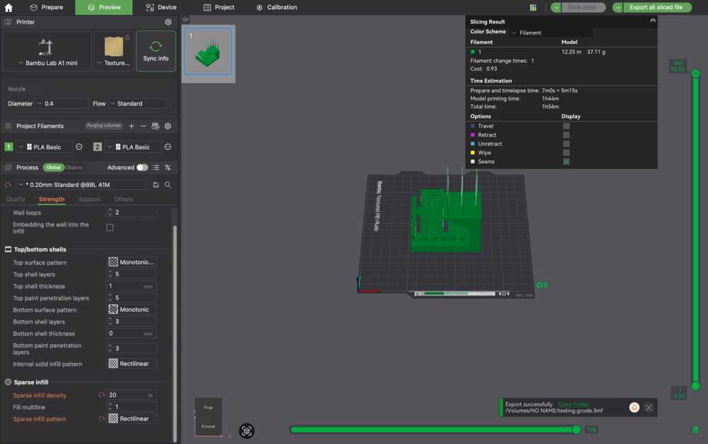 Test model loaded in Bambu Studio