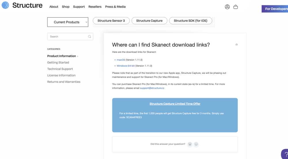 Skanect software interface