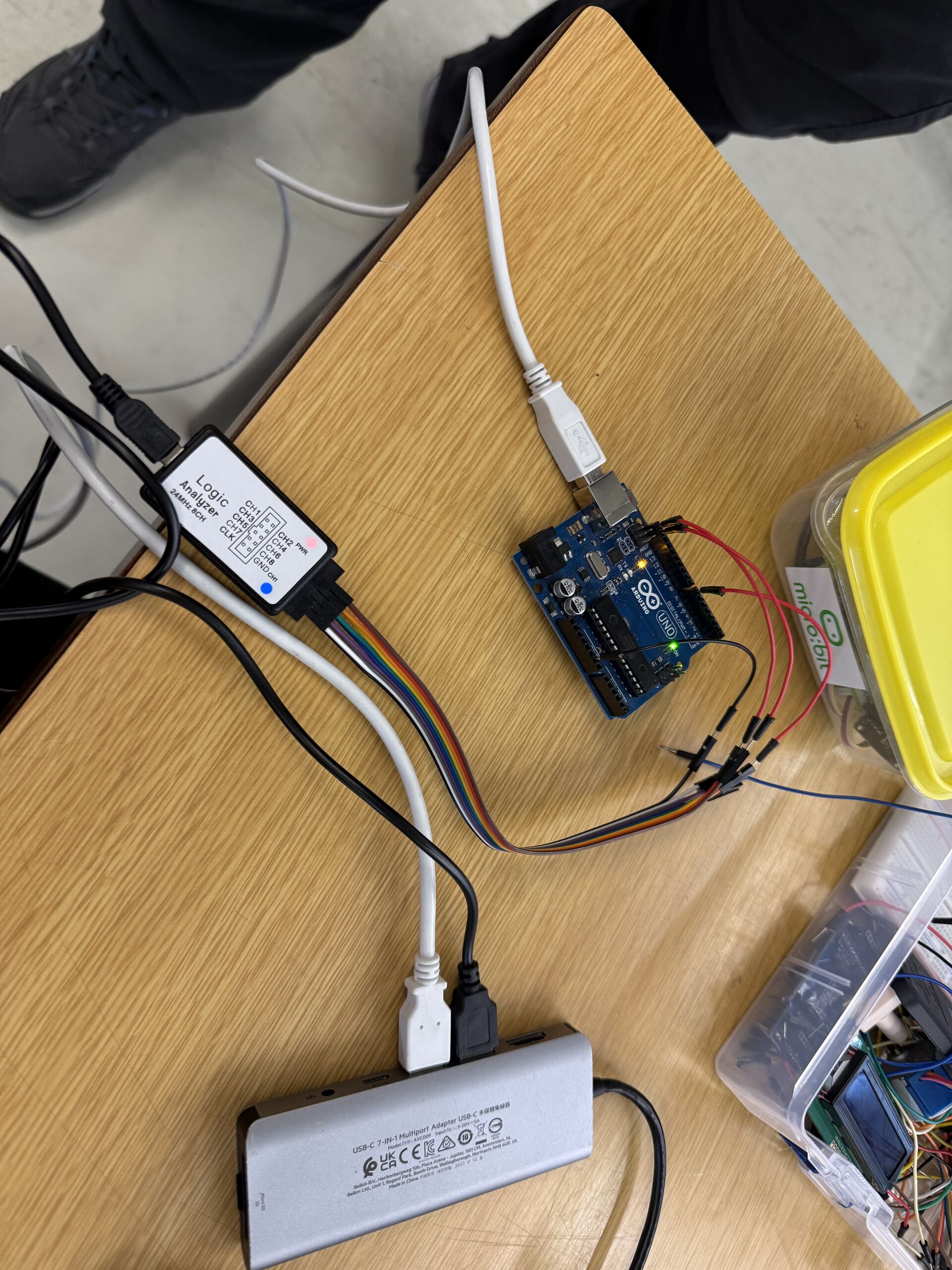 Full bench setup — Arduino, logic analyzer, laptop