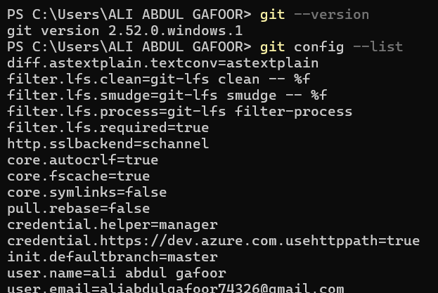 Git version and configuration output