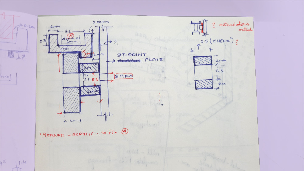 Concept sketch showing the bearing and slider beneath the acrylic gear.