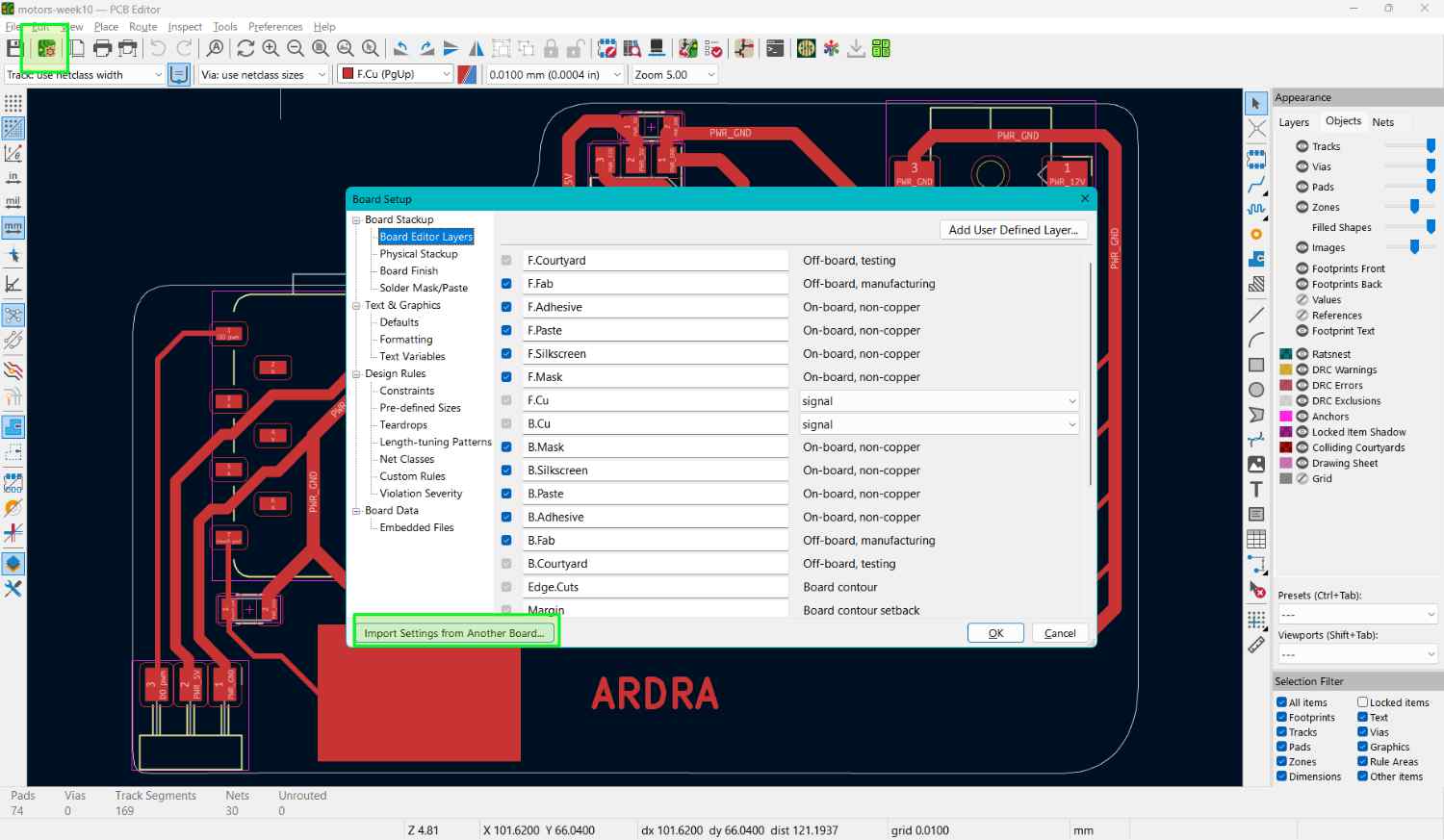 When opening the PCB Board Editor, click the icon at the top. The Board Setup window opens. Click Import Settings from Another Board to import settings such as net classes, track thicknesses, and other board settings from a previous project.