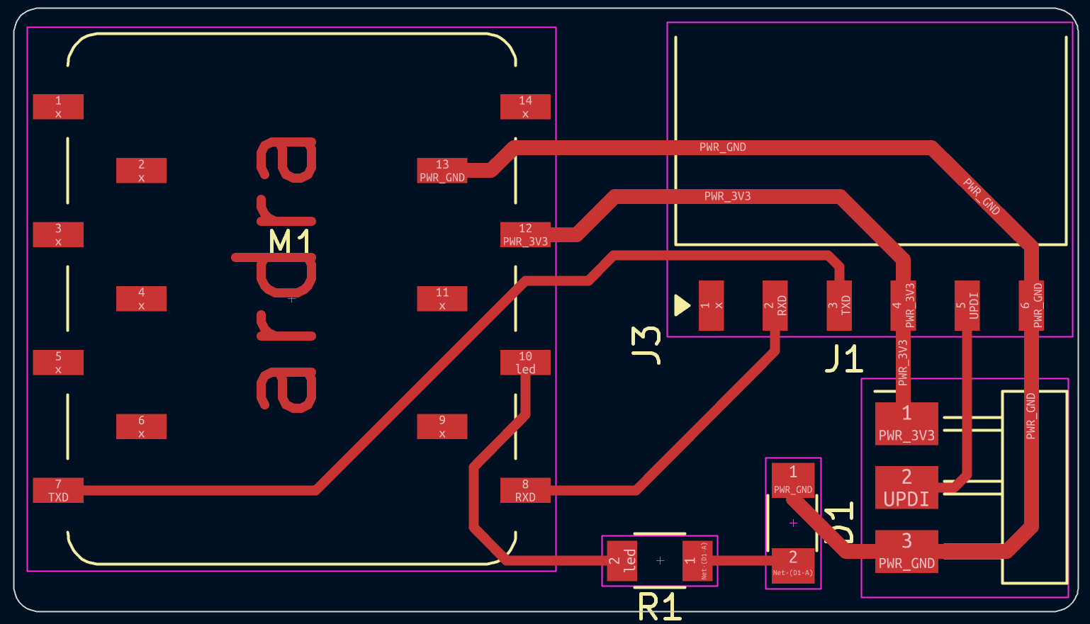 PCB EDITOR: Trace thickness values were imported from the Week 10 file. Power and ground traces have a thickness of 0.6 mm, while digital traces have a thickness of 0.4 mm.