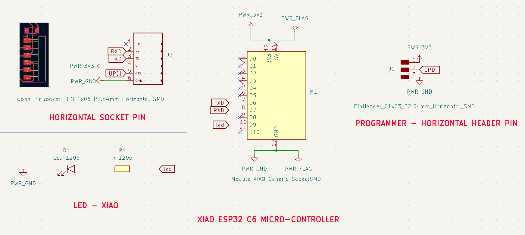 SCHEMATIC DRAWING: Components placed include a generic XIAO socket SMD for a plug and play XIAO. A 1x06 horizontal socket pin SMD footprint was used, but only 1x05 horizontal socket pins were soldered because one pin was not connected. These are the UART pins. A 1x03 horizontal header pin footprint was also added.
