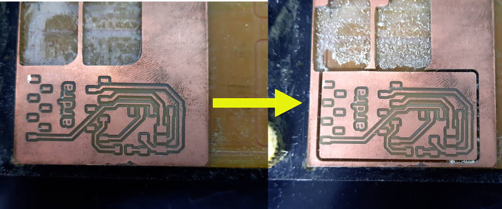 The board is milled. First the traces are milled, followed by the outline cut.