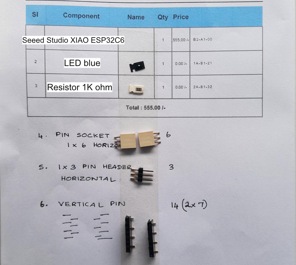 The required components were collected, including the Seeed Studio XIAO ESP32C6 microcontroller.