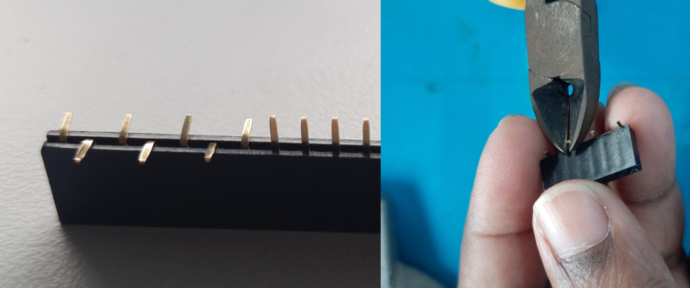 There was a shortage of vertical SMD socket pins, so a vertical through hole socket was used instead. The pins were bent in alternating directions to match the footprint, and the legs were cut short so that they sat directly on the pads. This was possible because the pitch was the same.