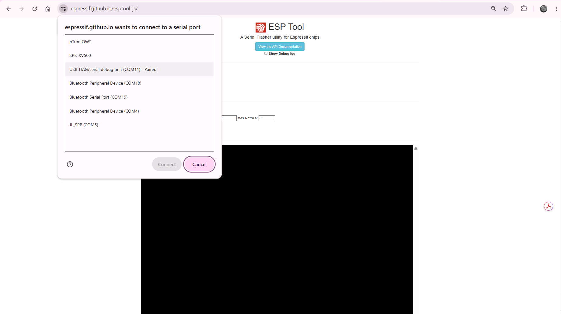 PORT SELECTION: A dialog box appears asking for the serial port. Select the port connected to the board. If unsure, unplug and reconnect the board and identify the port that reappears.