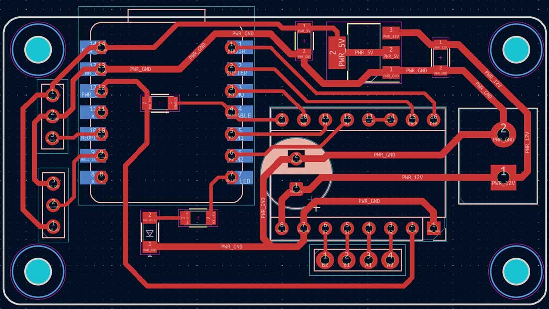 The connector pins are kept along the edge of the PCB. This was done after referring to the design of the table. The power and ground wires have thicker mil traces than the rest.