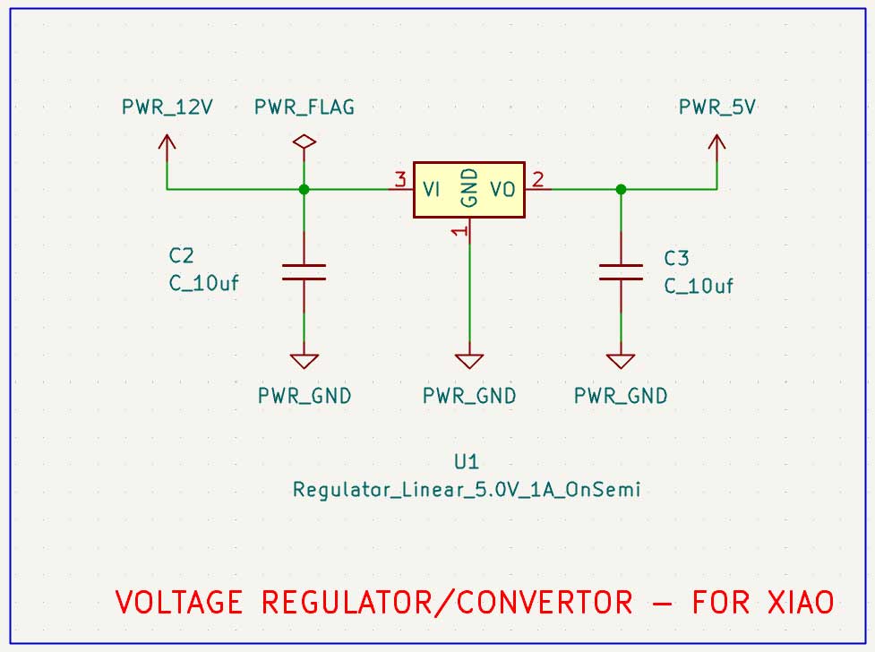A voltage converter is connected to the Xiao, so the 12V from the screw terminal is converted to 5V. Two capacitors of 10µF are used.
