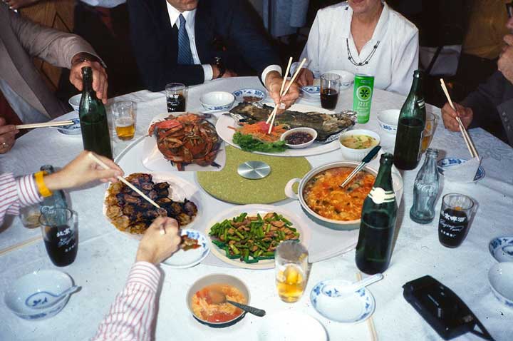 A Lazy Susan turntable on a dining table