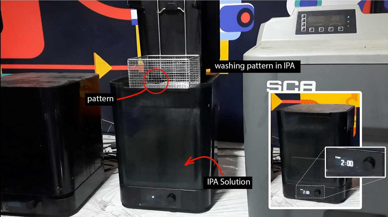 The pattern is placed inside the Formlabs washing machine and set for a 2 minute cleaning cycle. This removes the excess resin.
