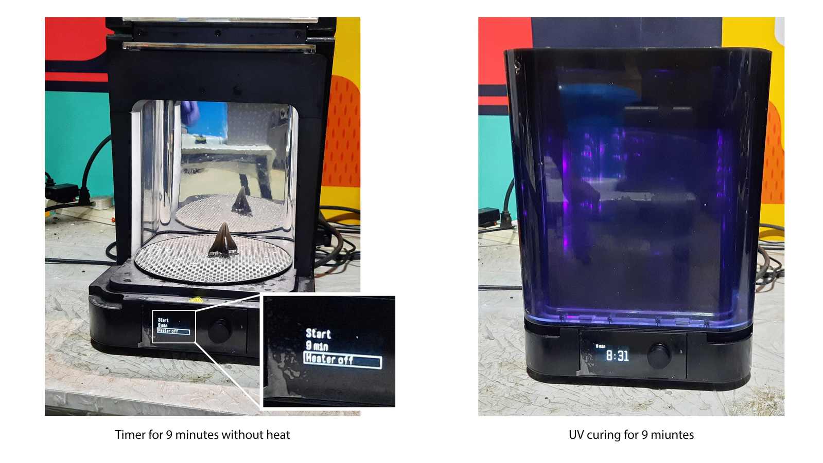Then it is placed inside the Formlabs UV cure machine. The heat was turned off as the temperature in Kerala is above 35°C. The timer was set for 9 minutes. After this, the pattern can be handled without gloves.