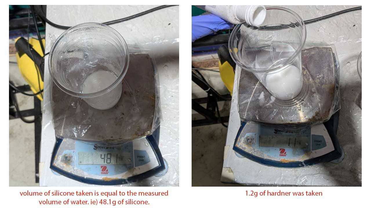 I poured 1.2 g of silicone hardener after calculating the ratio.