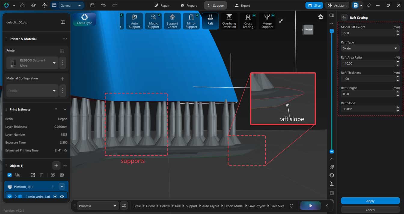 The raft is the base where the model rests. The raft is given an angle so it is easier to scrape off from the bed. The supports are not placed too close because they sometimes bind together.
