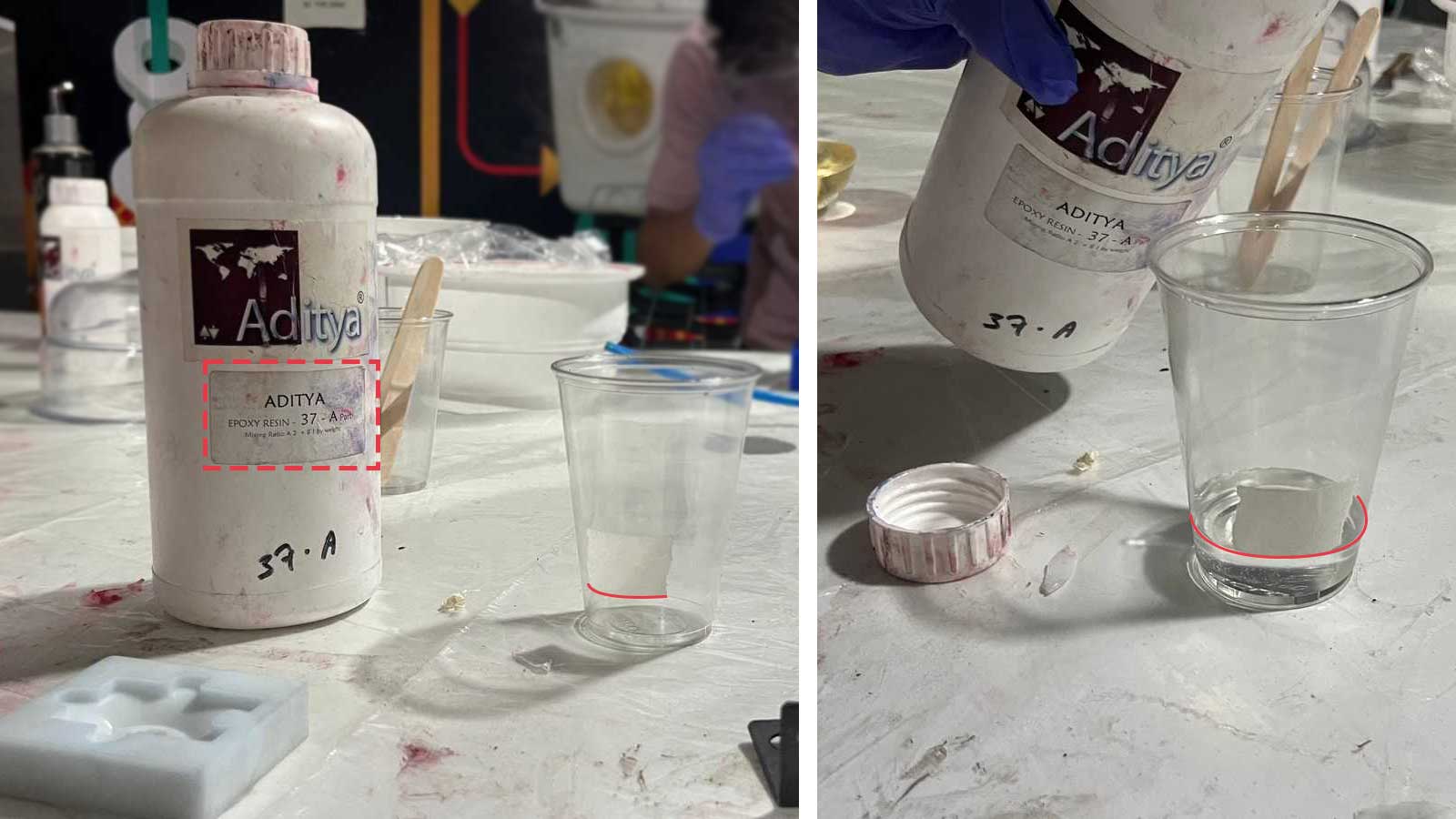 Aditya Ultra Clear Cast Epoxy Easy Part A is poured to the same volume as the water.
