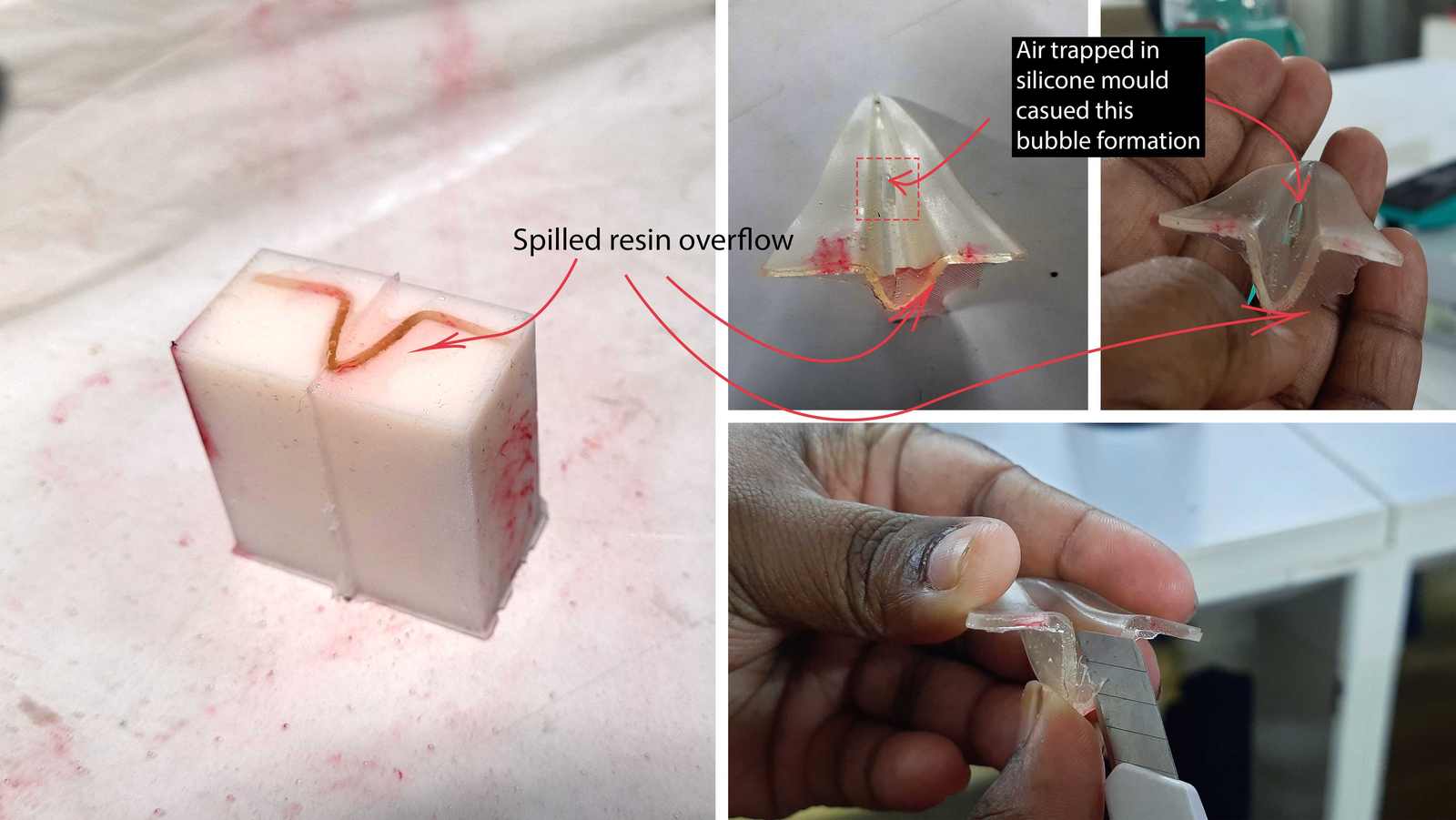 The resin had spilled outside and cured. When I removed the mould, I had to scrape off the excess using a handy cutter. You can also see the bulge in the resin cast caused by trapped air inside the silicone mould during pouring.
