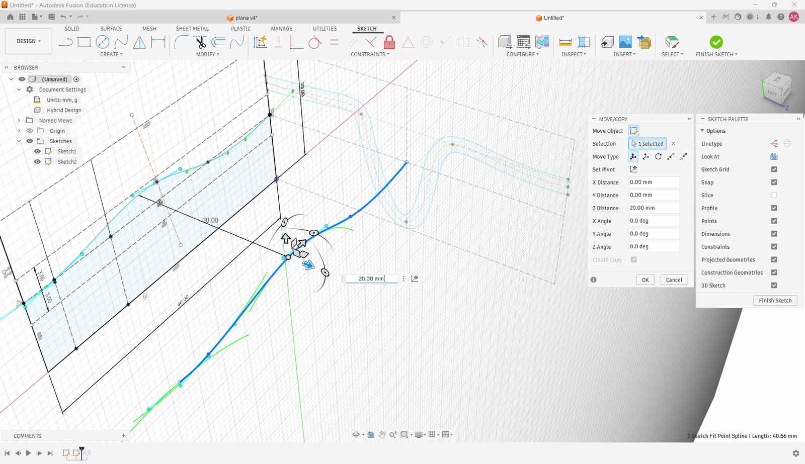 I drew the outline of the fold on one plane. Then I drew a curved spline line and a perpendicular line to it.