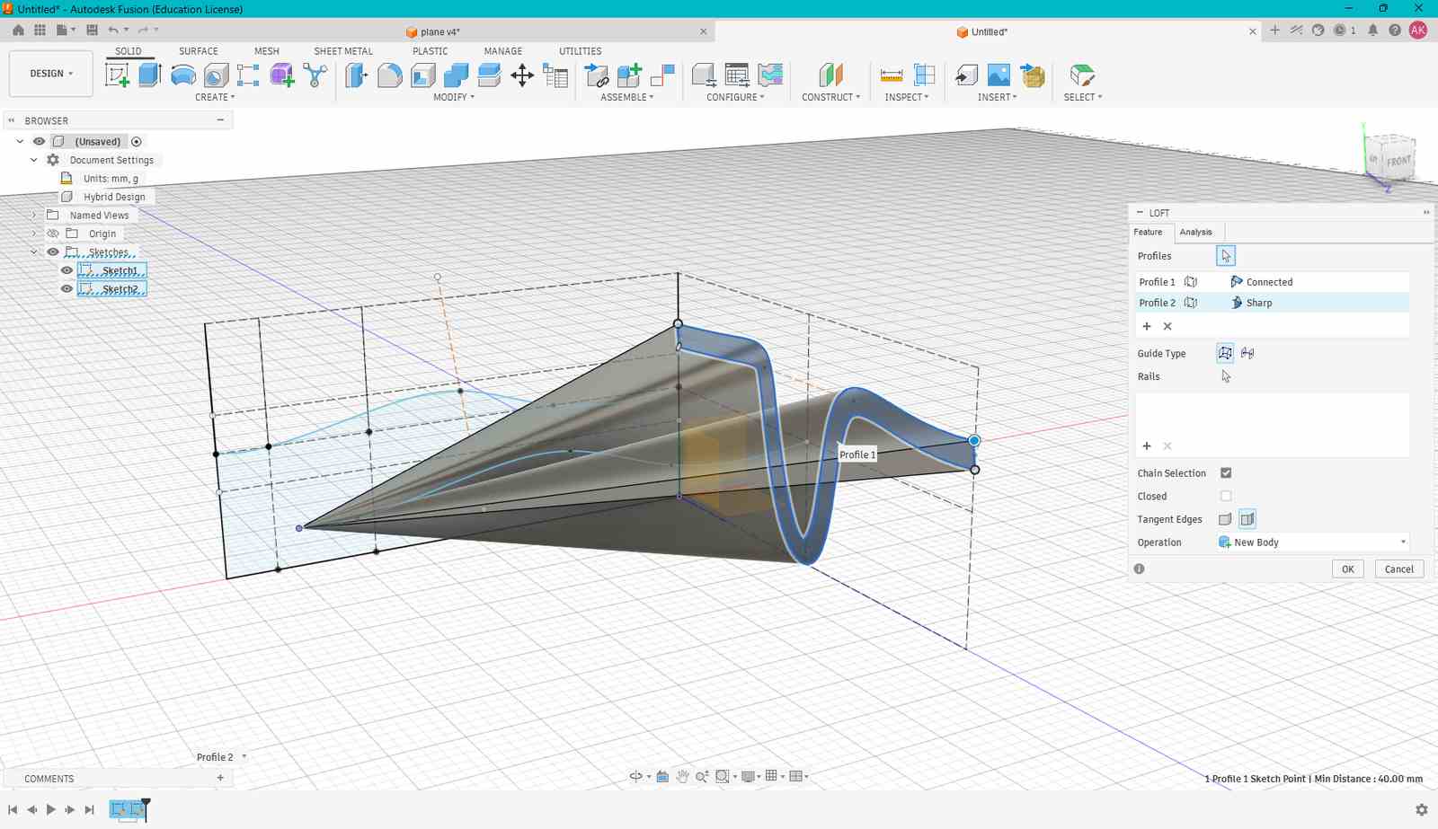 I used the loft tool. I selected the plane I drew first and the tip of the spline. It initially created a straight surface.