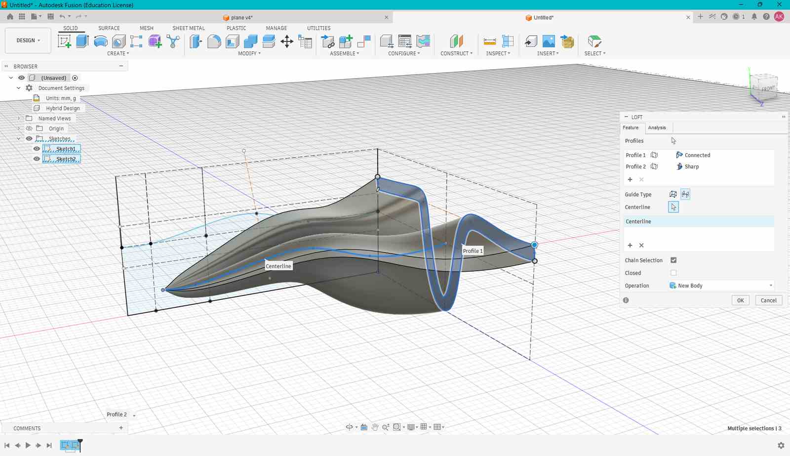 Then I selected guide greater than centerline and chose the spline as the centerline. This gave the form of the crashed paper plane.