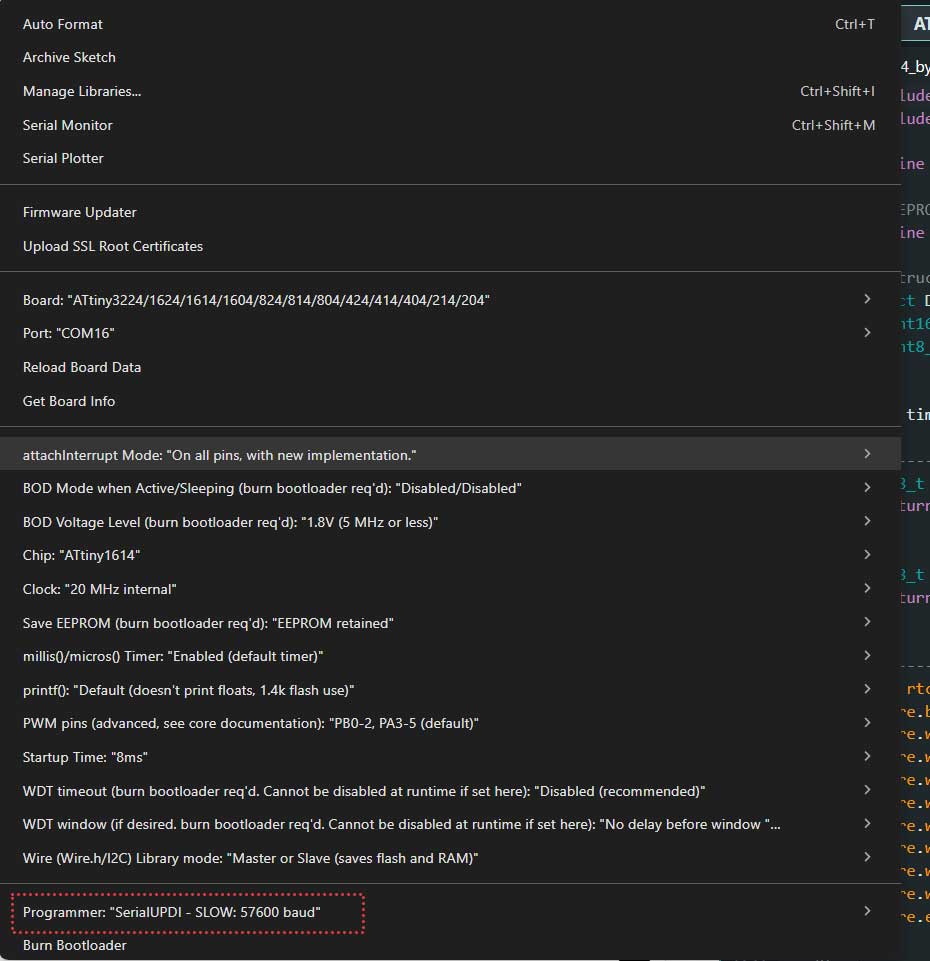 Setting Tools to Programmer SerialUPDI at 57600 baud. Serial Monitor is set to 9600 baud.