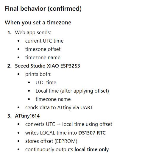 This is how the time is set. The web tells the time and the offset. XIAO receives this and sends it to ATtiny.