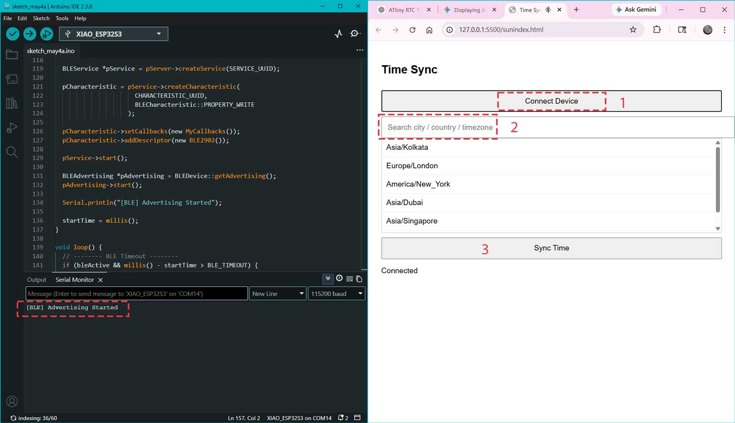 The BLE started advertising as the uploading of the Arduino code was done. I opened the HTML page with VS Code using Open with Live Server. The web app was loaded. Click Connect Device.