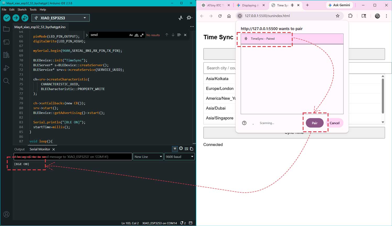 It opens the dialog box to pair with available devices. I chose the device and then selected pair. The Serial Monitor showed BLE ON.