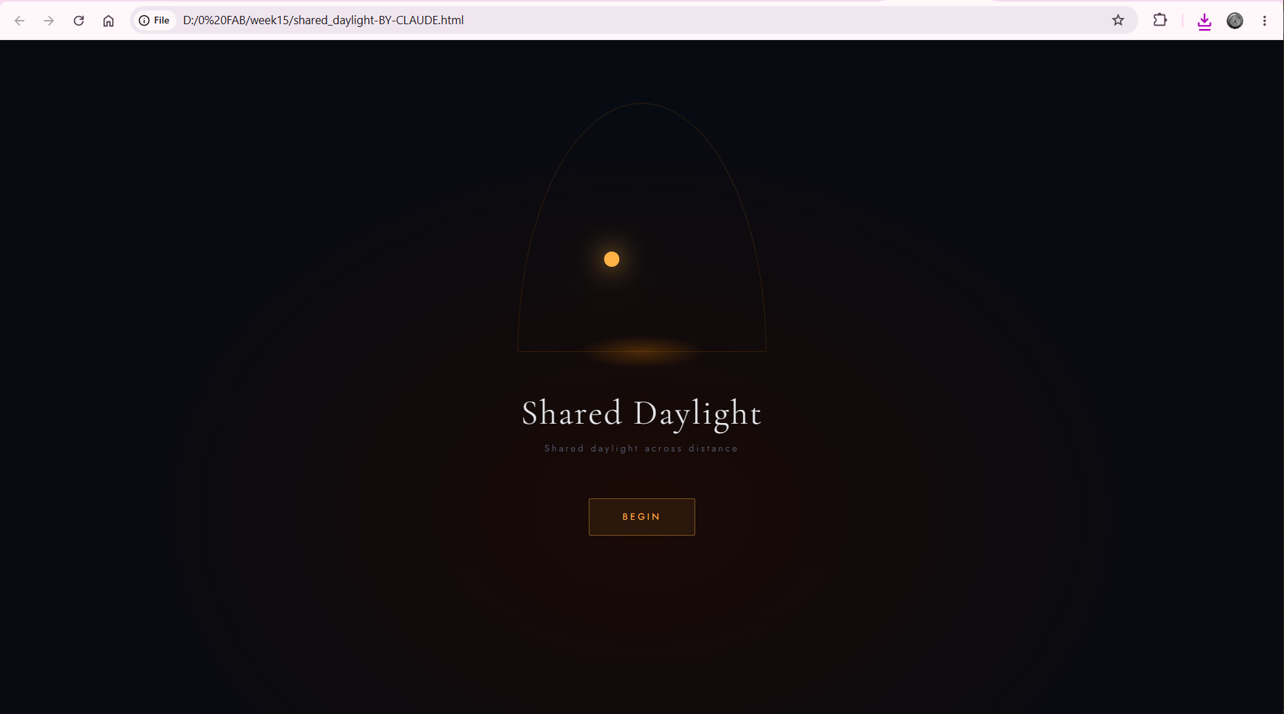 Opening page of the application. The sun animates across the screen when the page loads.