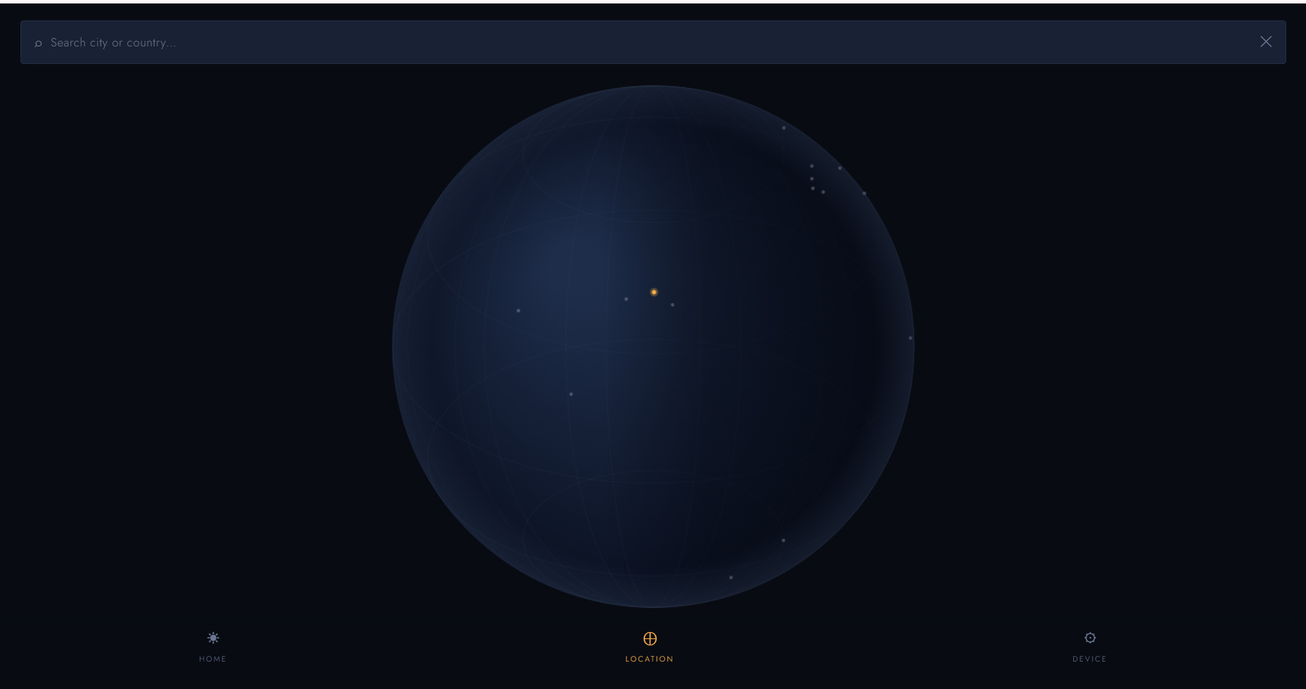Location page showing a sphere with highlighted points of light. It did not display a map, location names, or local times.