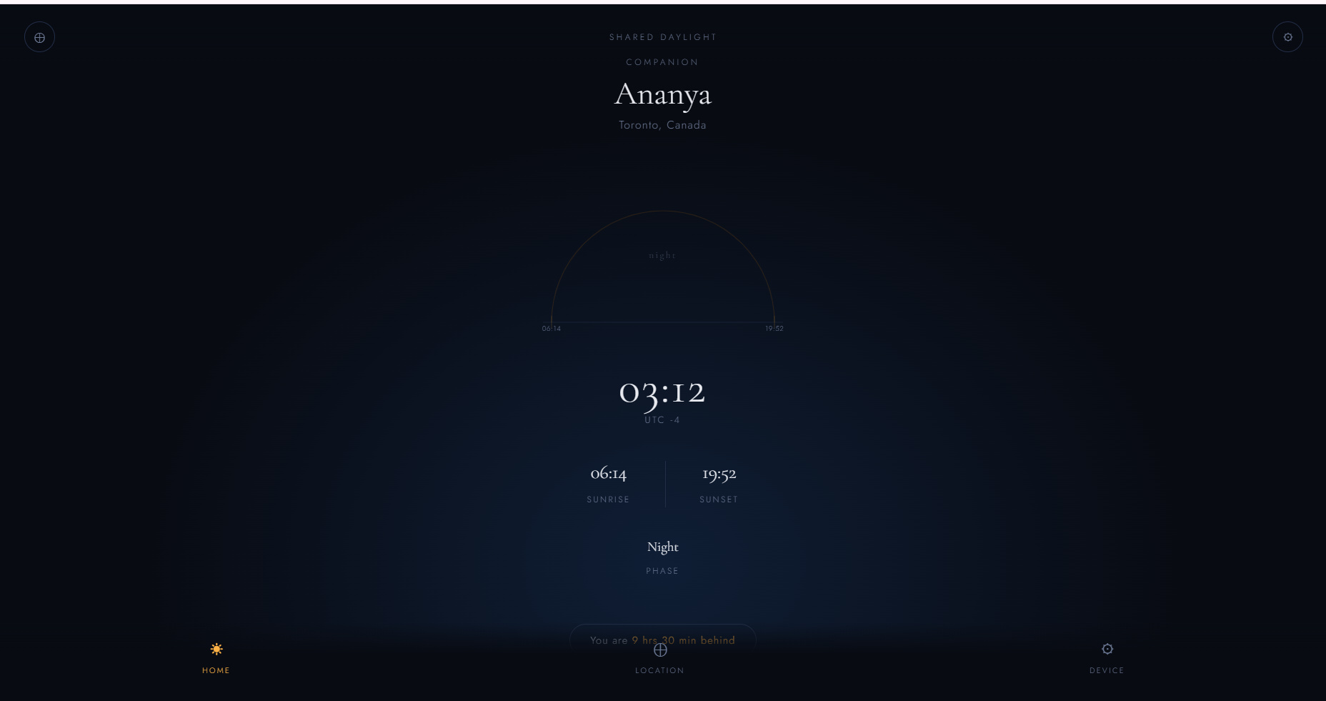 Home page showing a name, location as Canada, time as 3 o'clock, night status, time difference, and sunrise and sunset information.