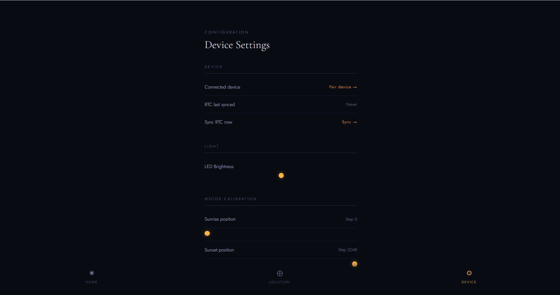 Device page showing pairing options, LED brightness controls, and motor step count settings for moving the sun.