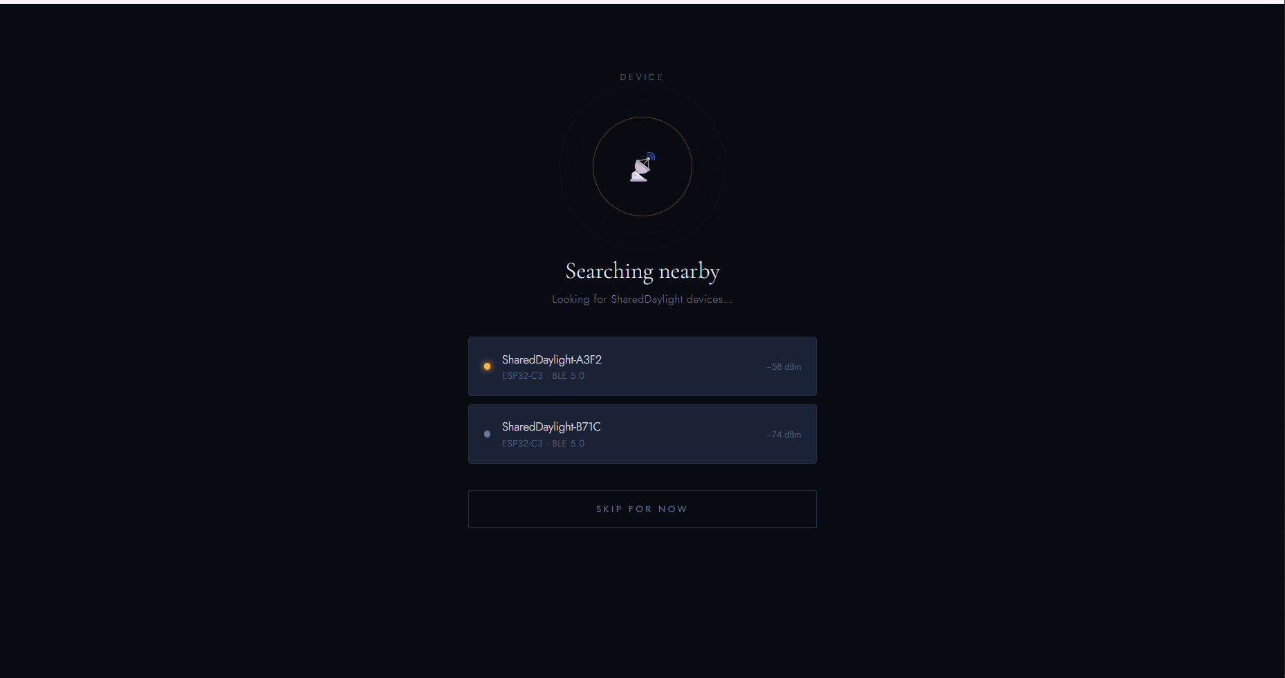 Pairing page with a button to pair and a status message indicating that it is searching for nearby devices.