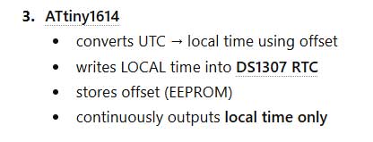 ATtiny gives local time, and from this the time is offset to give the timezone-based time.